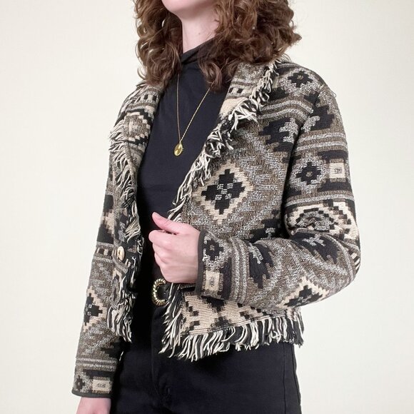 Vintage Cropped Fringe Coastal Cowgirl Oversized Blazer Jacket Coat Boho Western - Picture 4 of 8